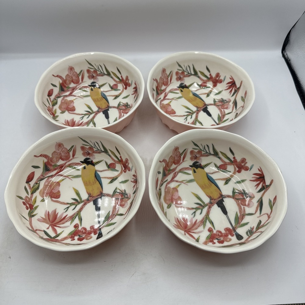 Opalhouse Melamine Bowl 7 in Round Bird Floral White Multicolor Set Of 4
